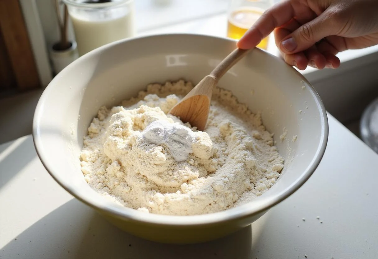 Mixing gluten-free pizza flour and dry ingredients in a sunny kitchen - gluten free dairy free pizza preparation.