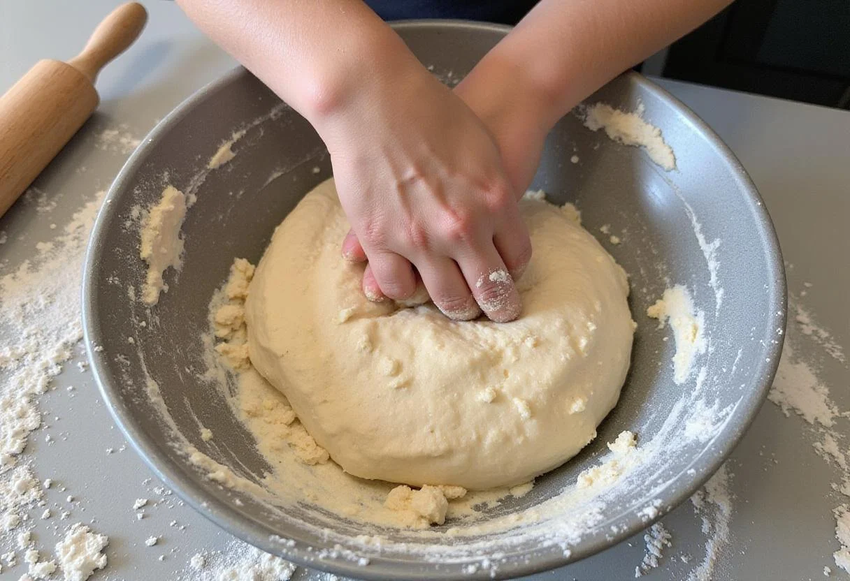 Kneading gluten-free pizza dough on a countertop - preparing gluten free dairy free pizza.