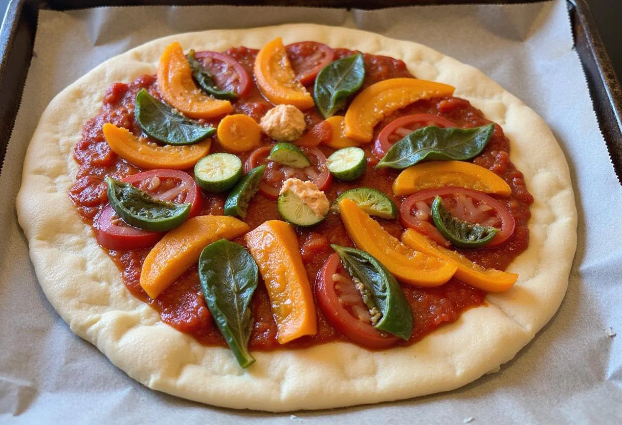 Preparing gluten-free pizza crust topped with sauce and fresh vegetables - dairy free pizza making process.