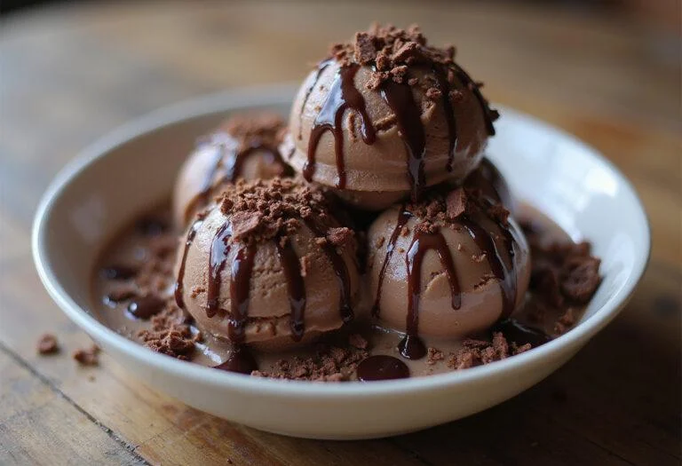 Deliciously presented Death by Chocolate Ice Cream served in a bowl with chocolate shavings.