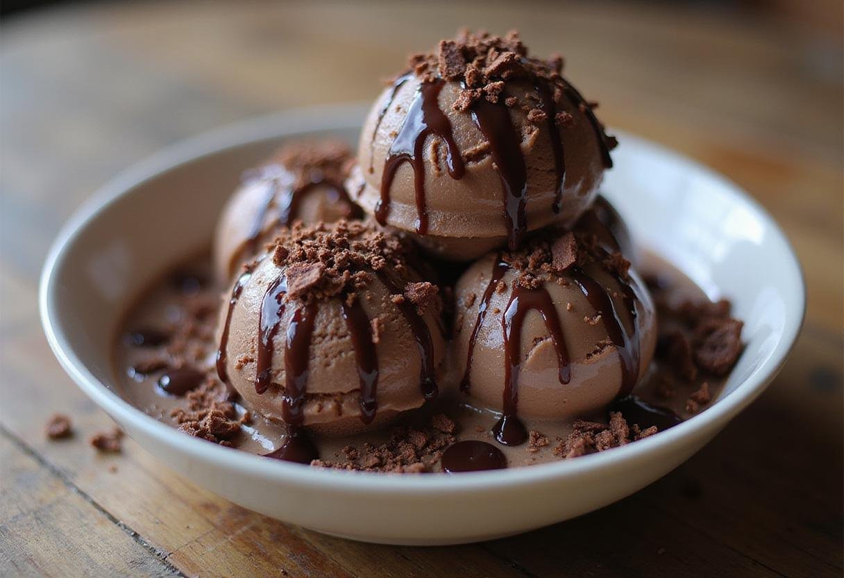 Deliciously presented Death by Chocolate Ice Cream served in a bowl with chocolate shavings.