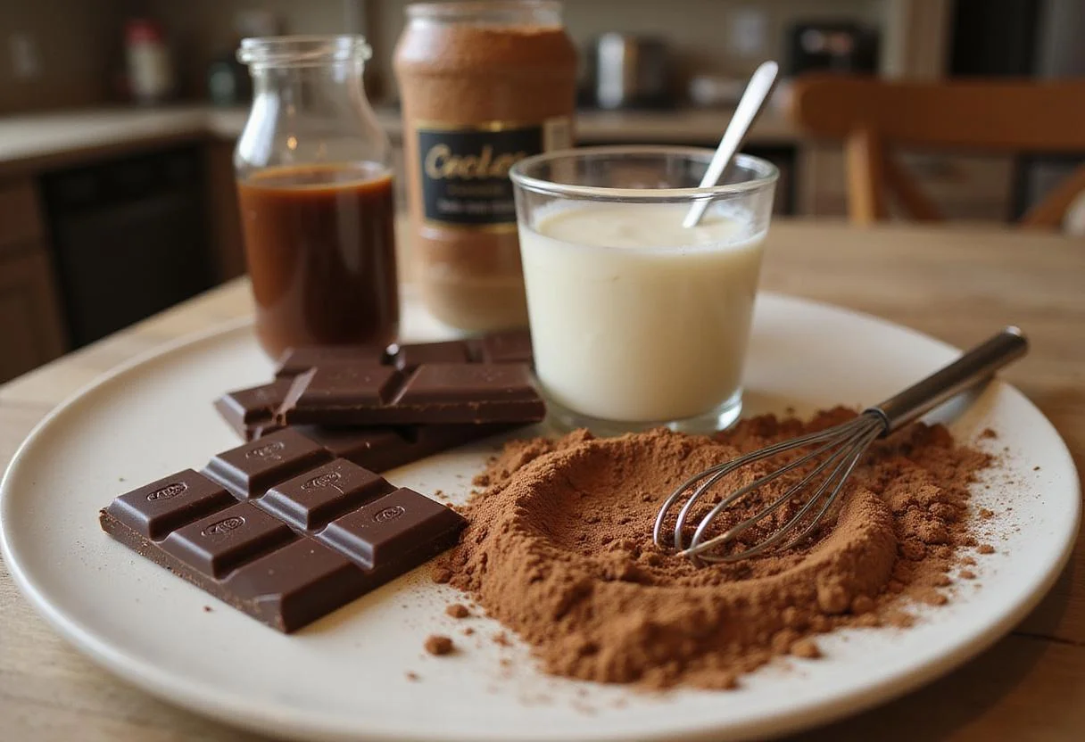 Ingredients for Death by Chocolate Ice Cream: dark chocolate, cocoa powder, cream on the kitchen counter.