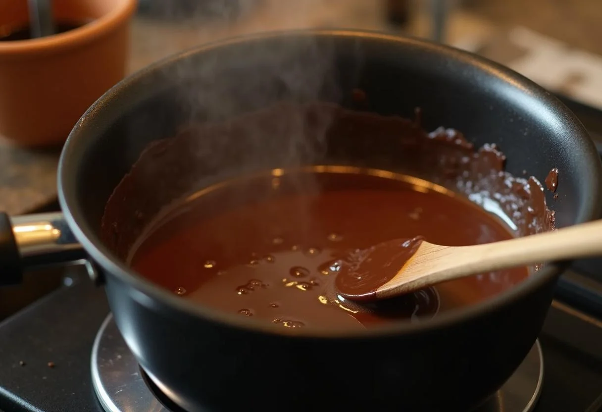 Melting dark chocolate and cream for rich Death by Chocolate Ice Cream on a stove.