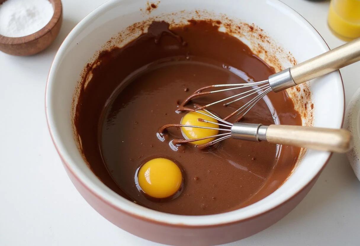 Blending the creamy mixture for Death by Chocolate Ice Cream in a large mixing bowl.