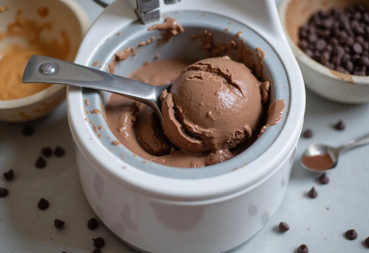 Churning the rich chocolate mixture for Death by Chocolate Ice Cream in an ice cream maker.