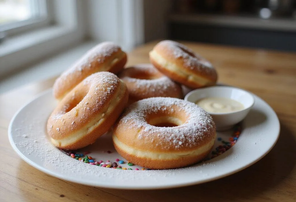 Delicious sourdough discard donuts beautifully plated and dusted with powdered sugar, perfect for a delightful treat.