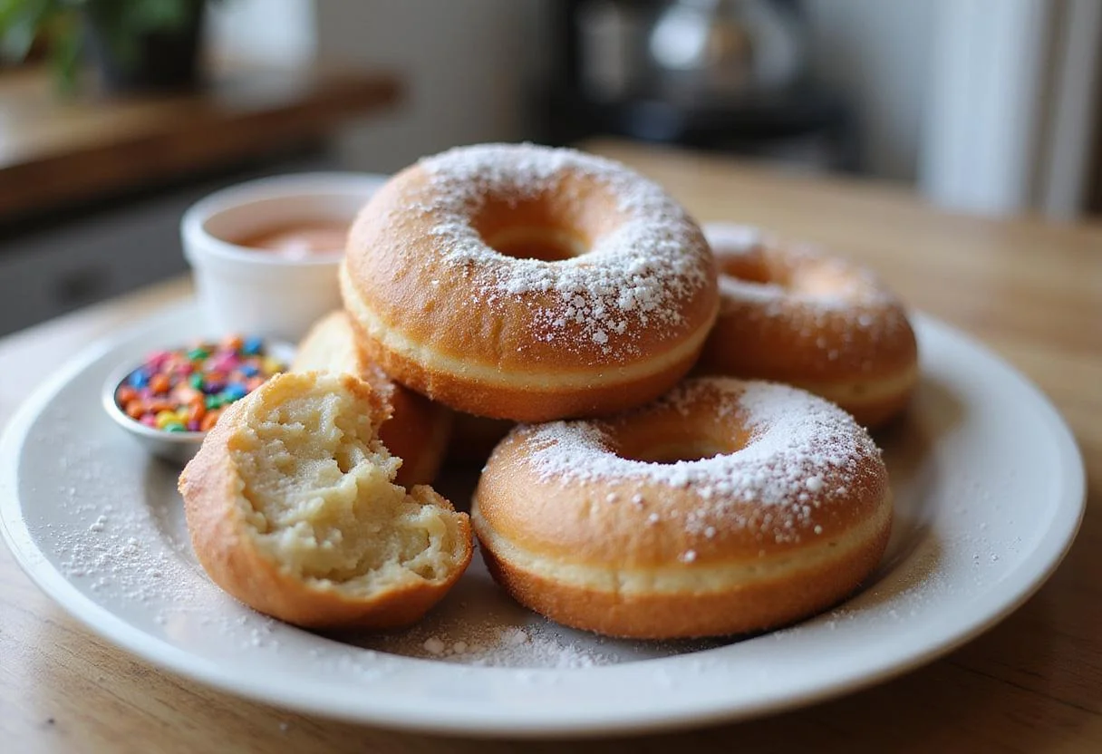 Delicious sourdough discard donuts beautifully plated and dusted with powdered sugar, perfect for a delightful treat.