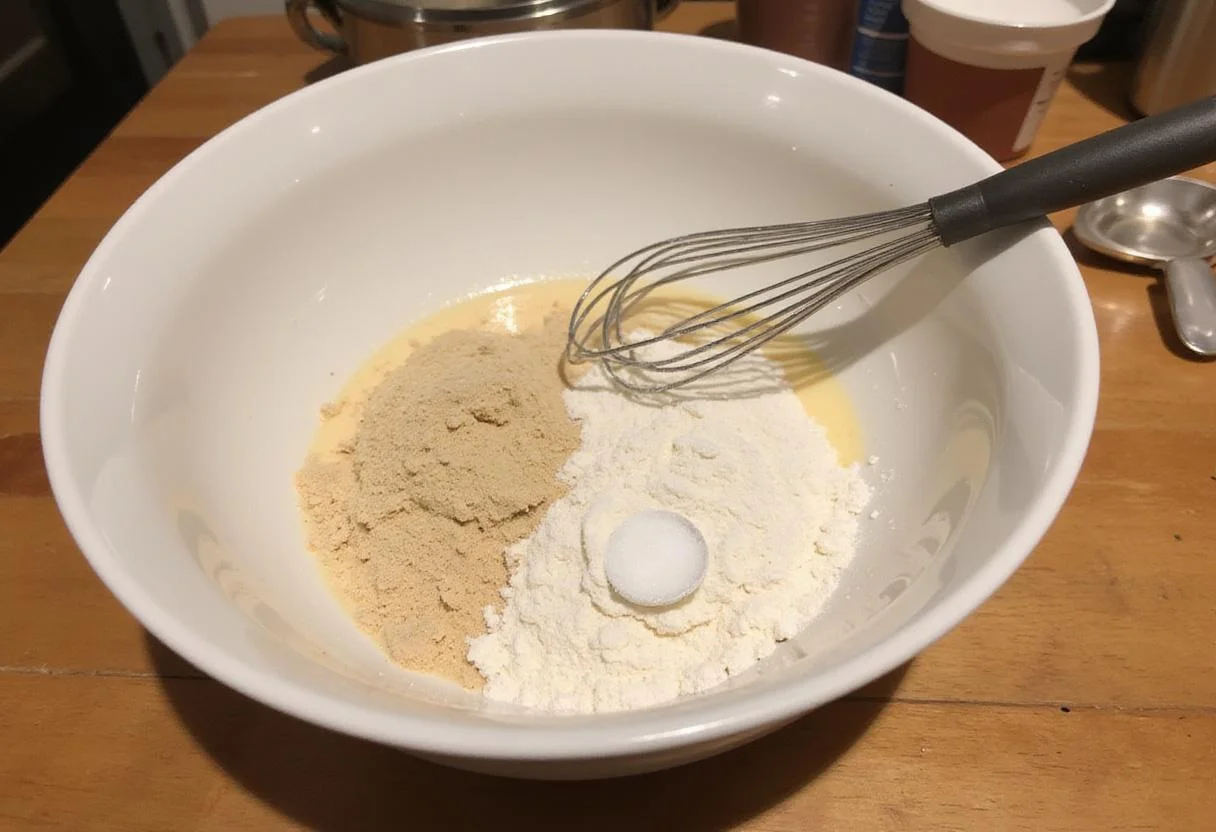 Sourdough discard donuts ingredients on a wooden kitchen counter showcasing flour, sugar, and salt for delicious sourdough donuts preparation.
