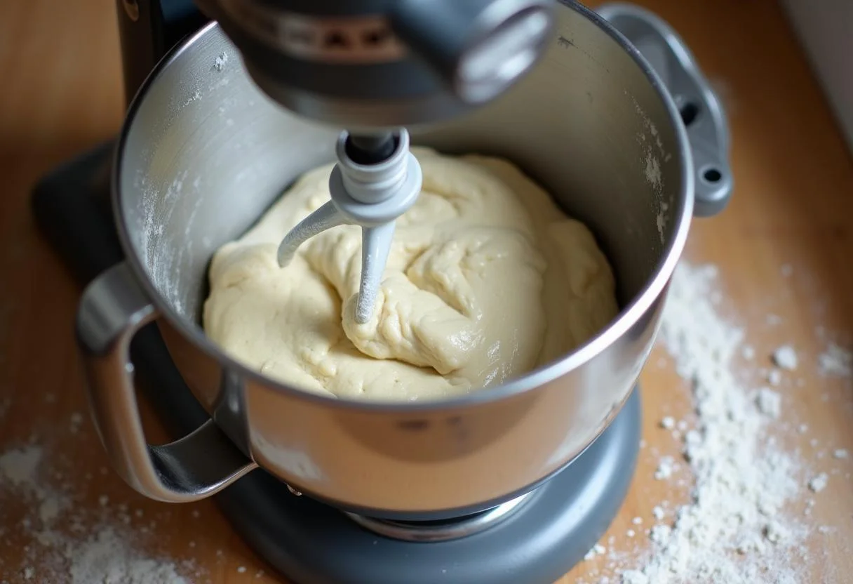 Kneading the dough for delectable sourdough discard donuts in a stand mixer, showing smooth and fluffy texture.