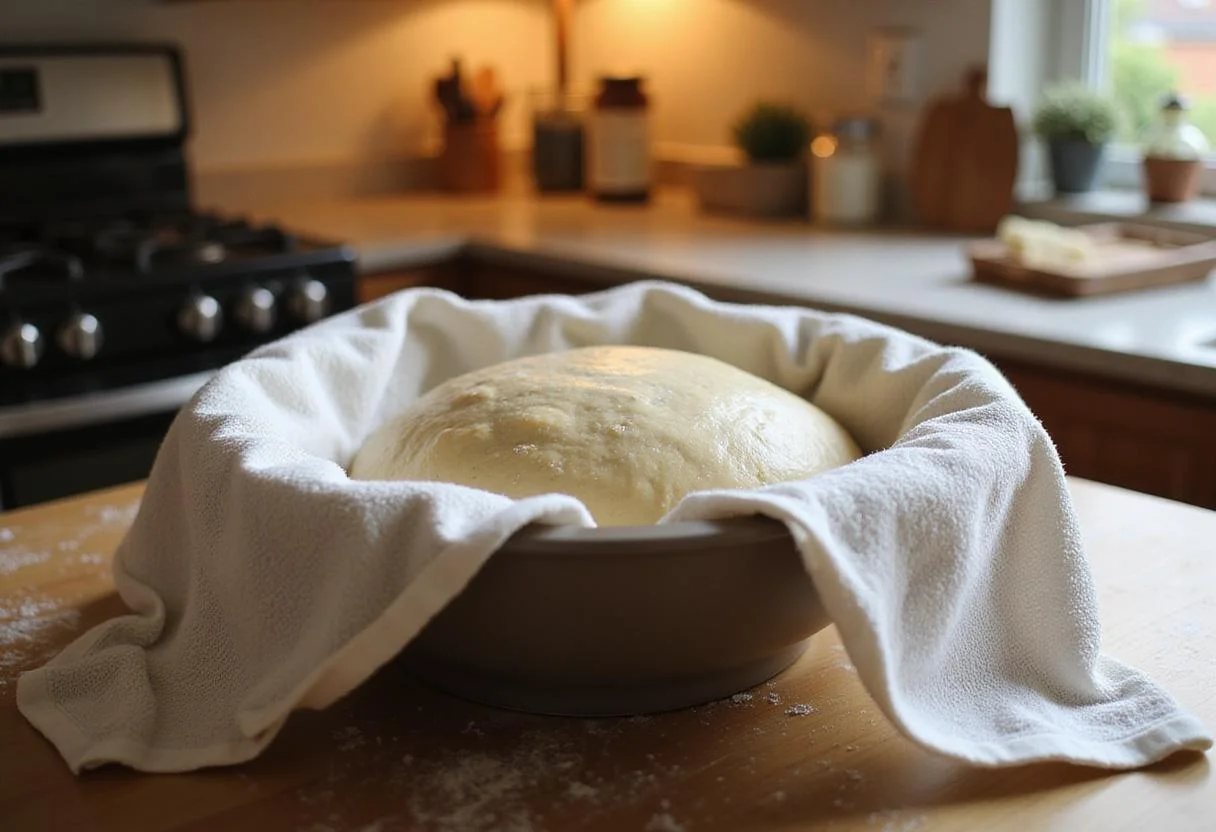 Rising dough covered with a kitchen towel for sourdough discard donuts in a cozy kitchen setting, ready for shaping.