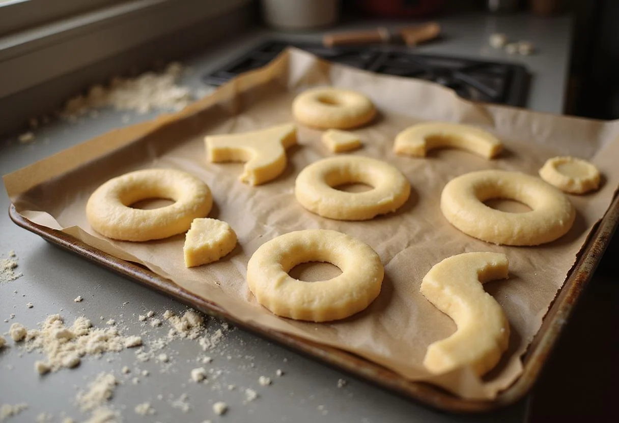 Cut sourdough donuts on a parchment-lined baking tray, prepared for frying, highlighting the rustic charm of donut making.