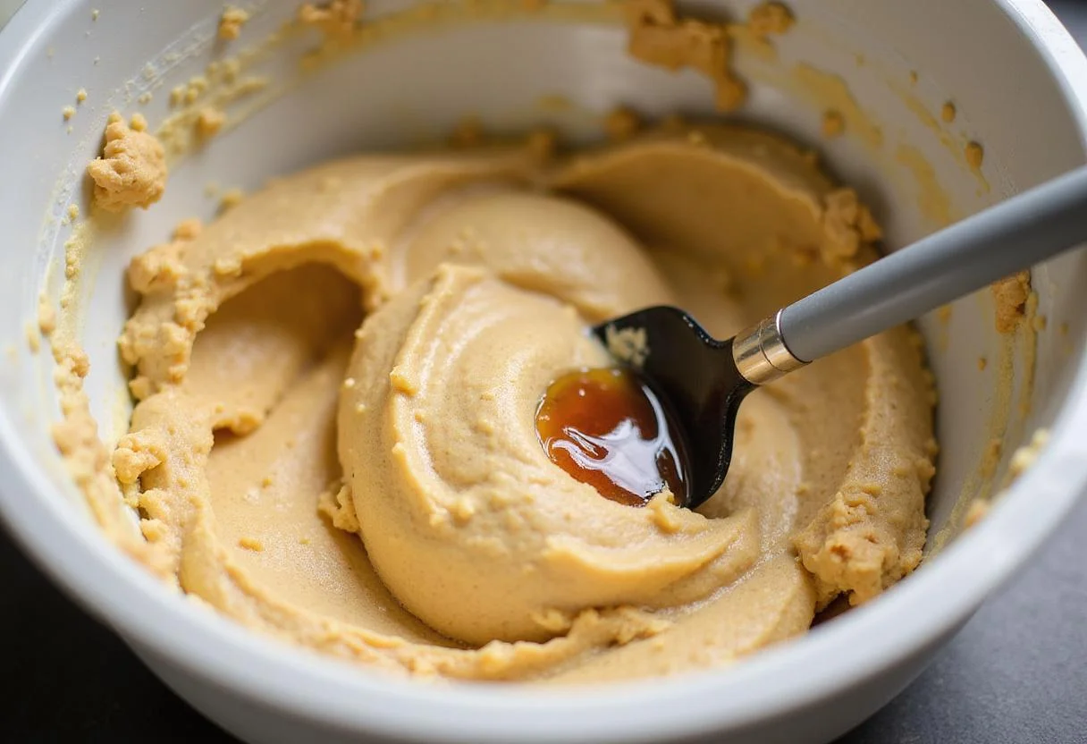 Mixing delicious boneless cookies dough in a bowl, showcasing a creamy texture and inviting colors.
