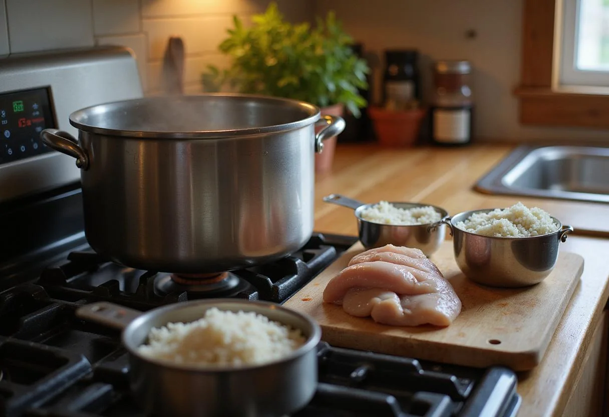 Boiling water for dog chicken rice portions, preparing fresh chicken breast and rice for pet meals.