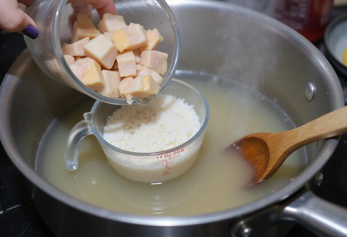 Adding chicken to boiling water for dog chicken rice recipe, ensuring a nutritious meal preparation for dogs.