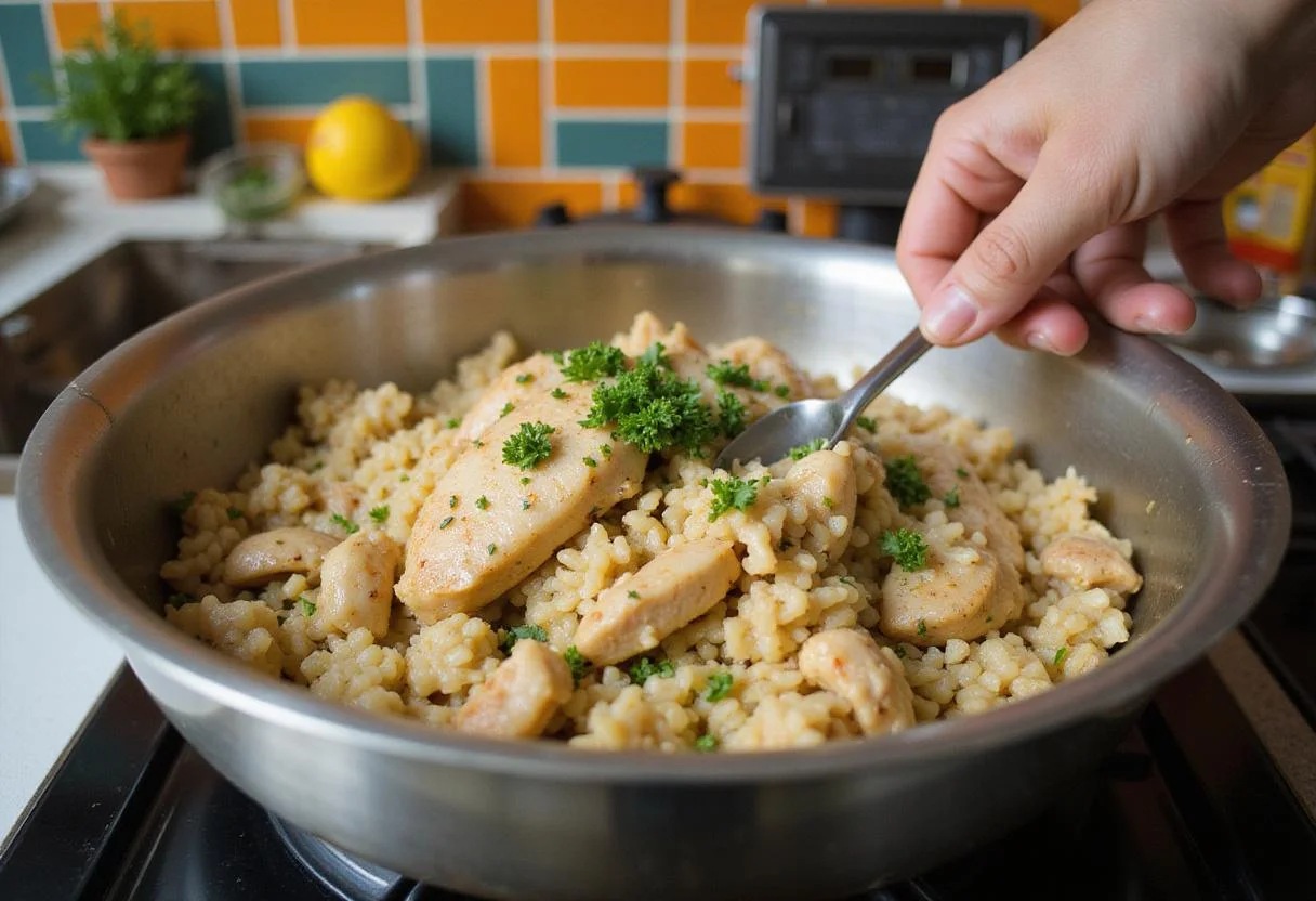 Draining cooked chicken and rice for dog meals, presenting a wholesome dish full of flavor for pets.