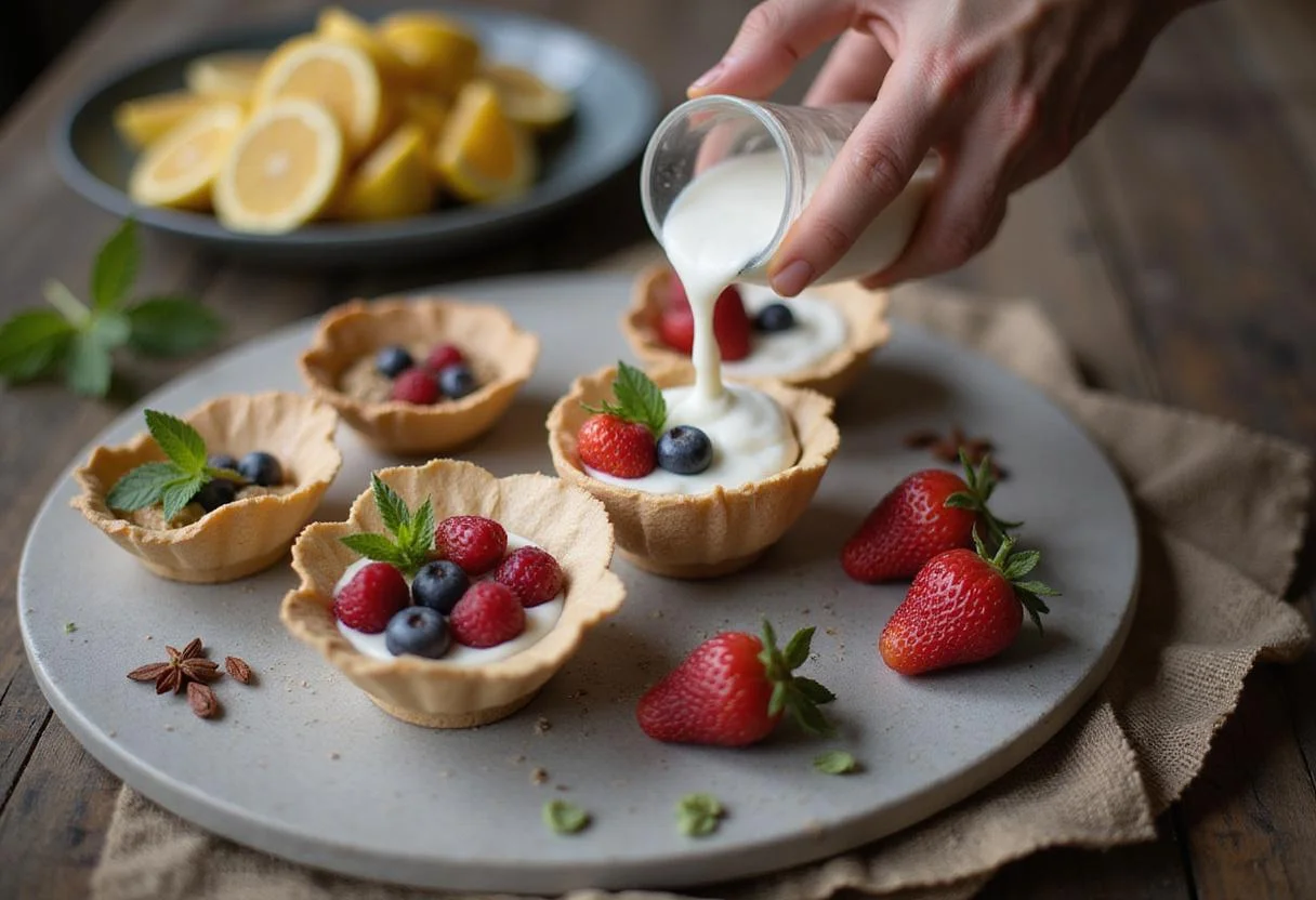Pouring dream cream dessert into cups, preparing for an elegant presentation with berries.