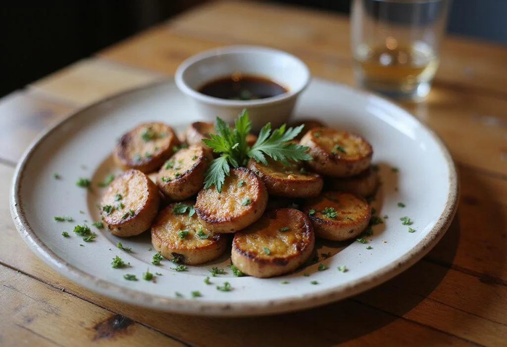 Final presentation of crispy shiitake mushrooms on a wooden table, delicious earthy treat served with dipping sauce.