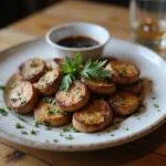 Final presentation of crispy shiitake mushrooms on a wooden table, delicious earthy treat served with dipping sauce.