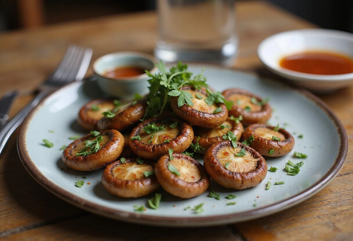 Final presentation of crispy shiitake mushrooms on a wooden table, delicious earthy treat served with dipping sauce.