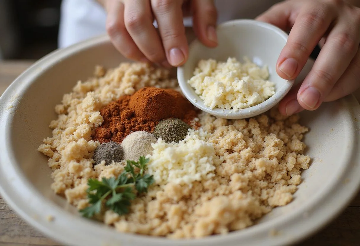 Mixing breadcrumbs with parmesan and spices for a shiitake mushroom treat in a bright kitchen.
