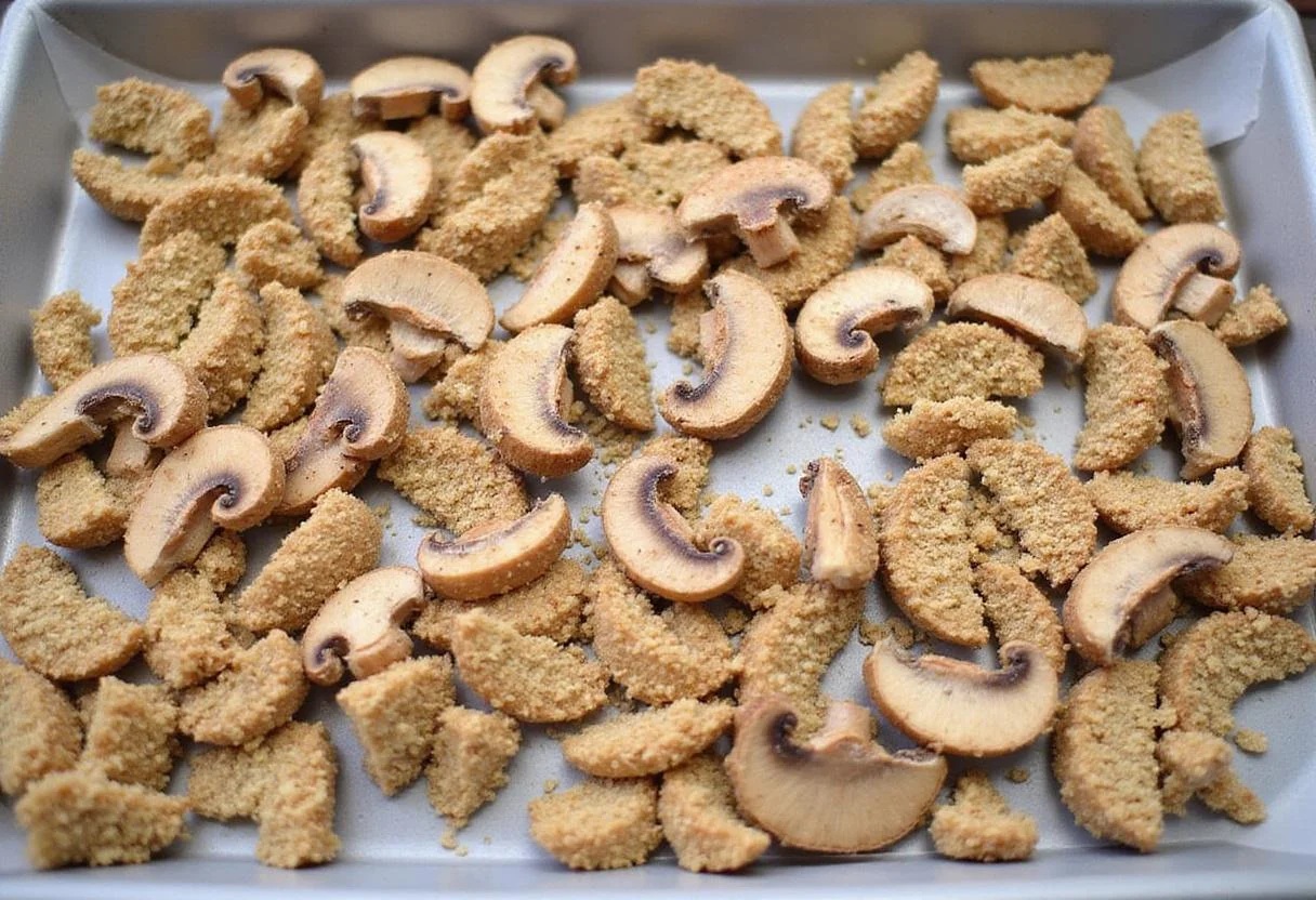 Arranging shiitake mushrooms on a baking tray, preparing for baking in a Florida-inspired kitchen.