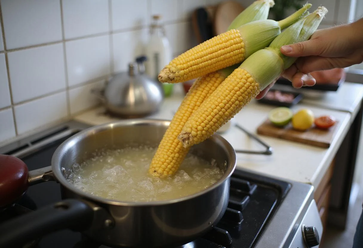 Preparing sweet corn for freezing, fresh corn being boiled in a pot to create Easiest Sweet Corn Elegance.