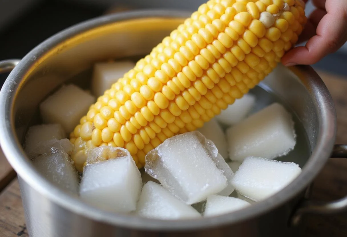 Chilling boiled corn in an ice bath, a step for freezing sweet corn for Easiest Sweet Corn Elegance.