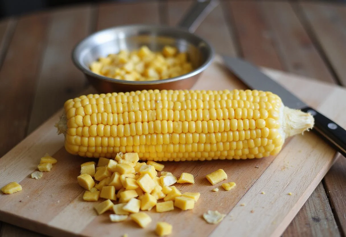 Cutting sweet corn kernels off the cob for freezing, an essential step in creating Easiest Sweet Corn Elegance.