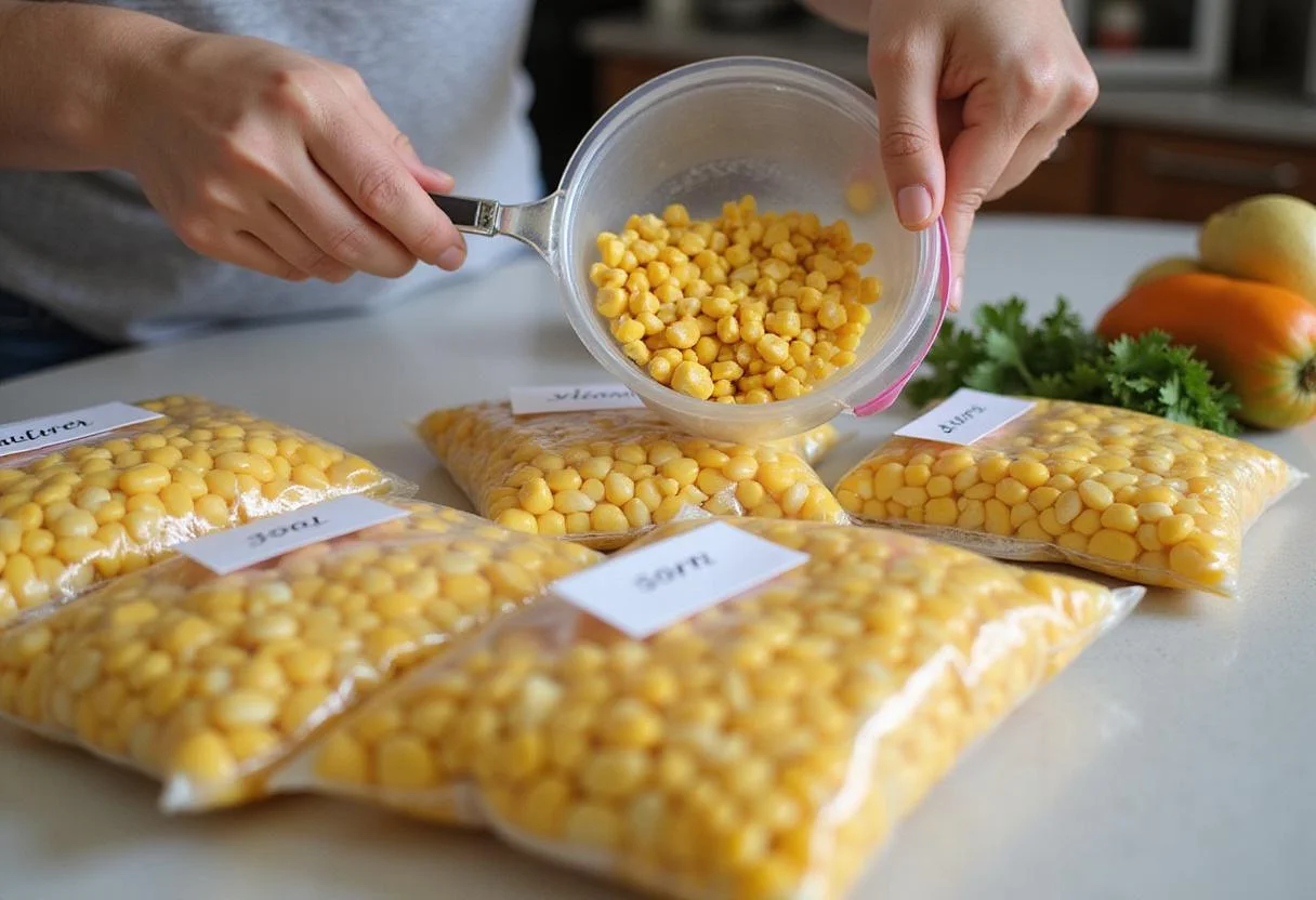 Packing sweet corn kernels into bags for freezing, preparing for Easiest Sweet Corn Elegance.