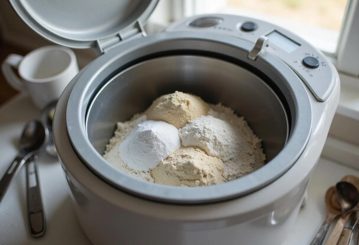 Ingredients for easy bread machine recipes including flour, sugar, salt, and yeast in a bread machine mixing bowl.