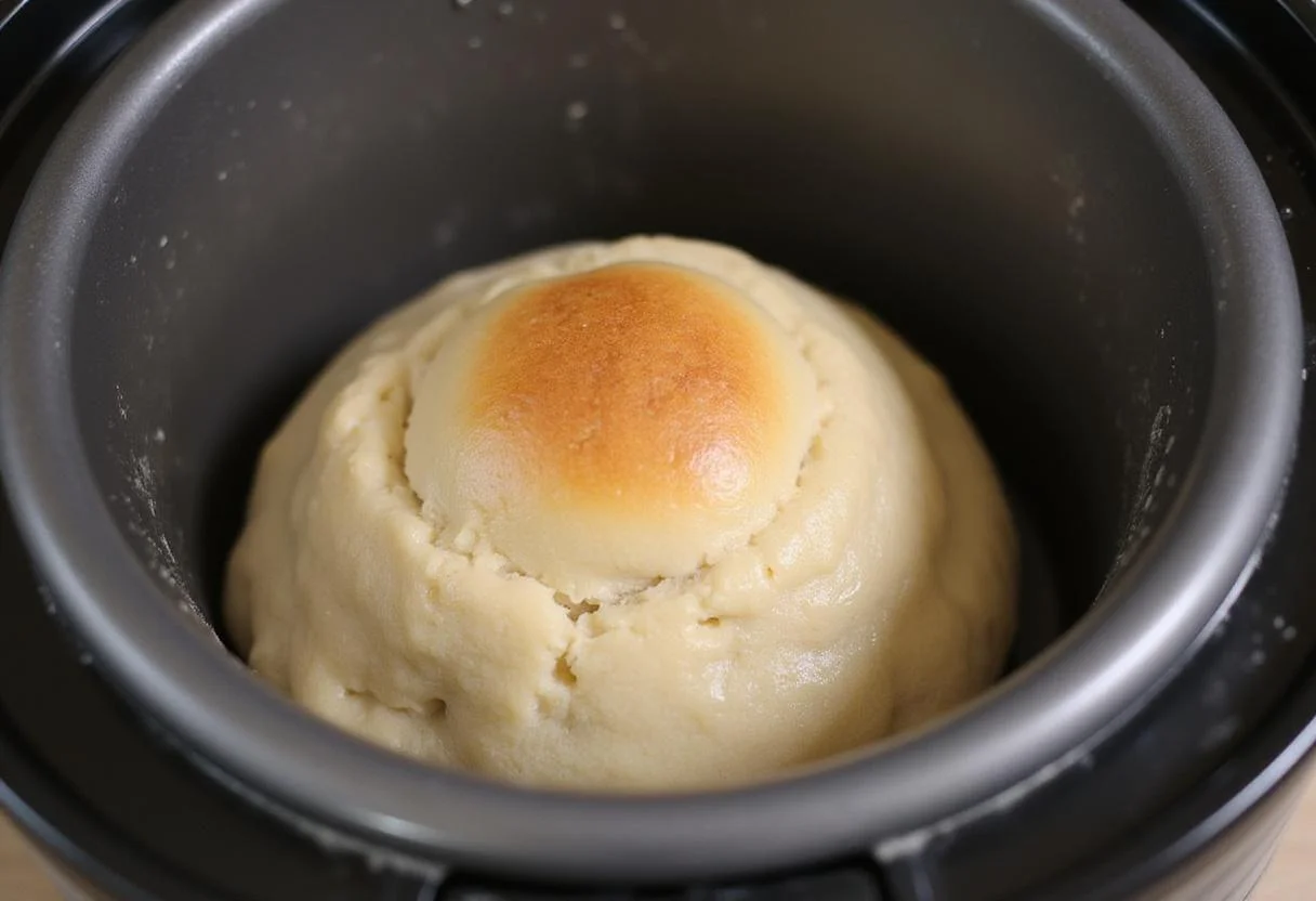 A rising loaf of bread in a bread machine, showcasing the transformation of dough in easy bread machine recipes.