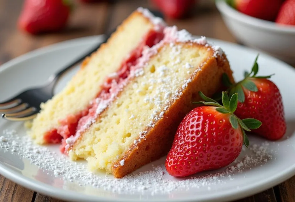Deliciously sliced Easy Jiffy Cake Mix Wonder on a plate with strawberries, perfect for dessert.