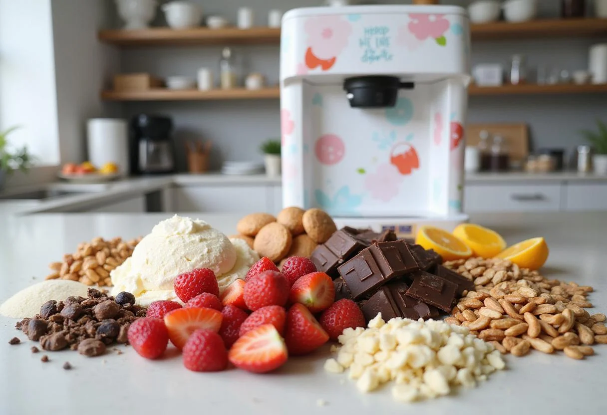 Colorful ingredients for Electric Ice Cream Man including fresh fruits, chocolate, and nuts on a kitchen countertop.