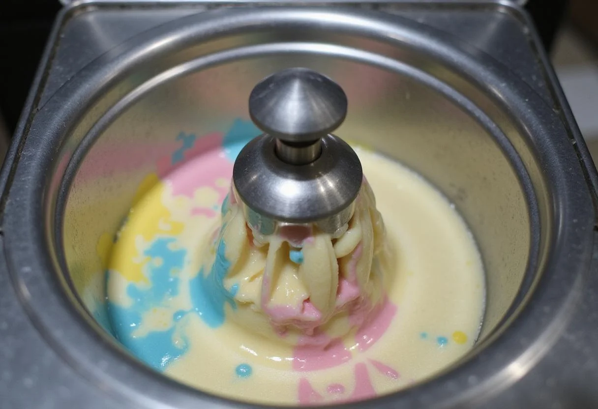 The ice cream machine working its magic, turning the mixture into swirl ice cream for Electric Ice Cream Man.