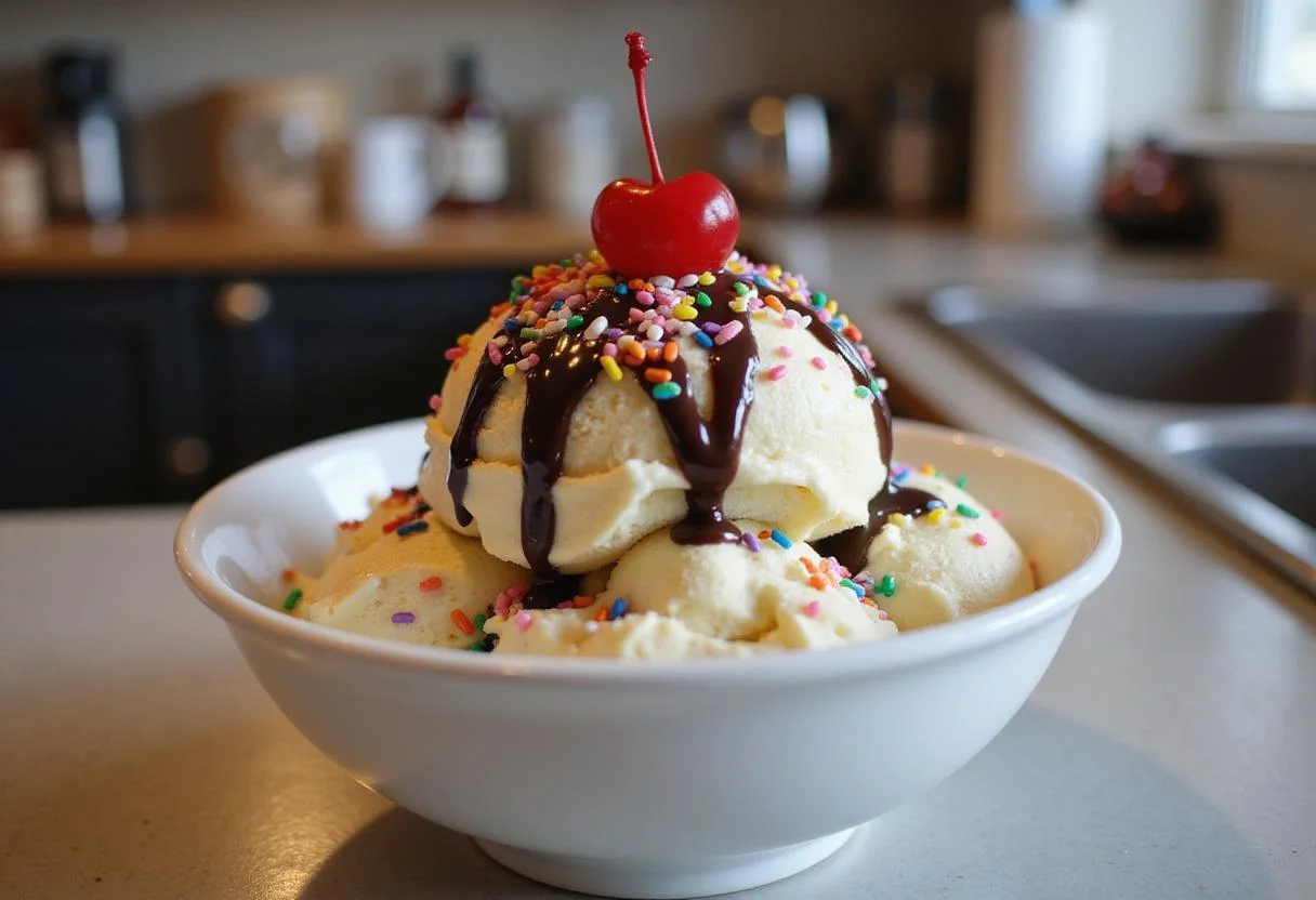 Delicious bowl of Electric Ice Cream Man with toppings ready to be served.