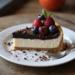 The final presentation of the elegant black and white cheesecake, showcasing the striking layers of a tuxedo cheesecake that's perfect for any occasion.
