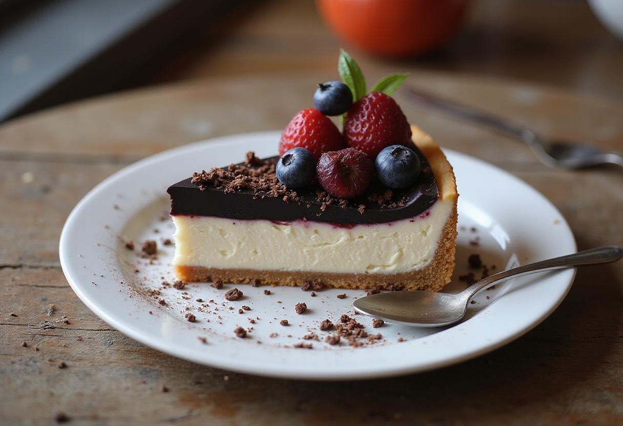 The final presentation of the elegant black and white cheesecake, showcasing the striking layers of a tuxedo cheesecake that's perfect for any occasion.