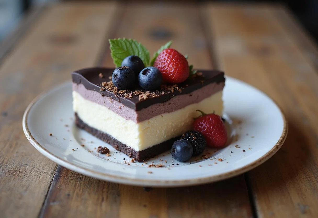 The final presentation of the elegant black and white cheesecake, showcasing the striking layers of a tuxedo cheesecake that's perfect for any occasion.