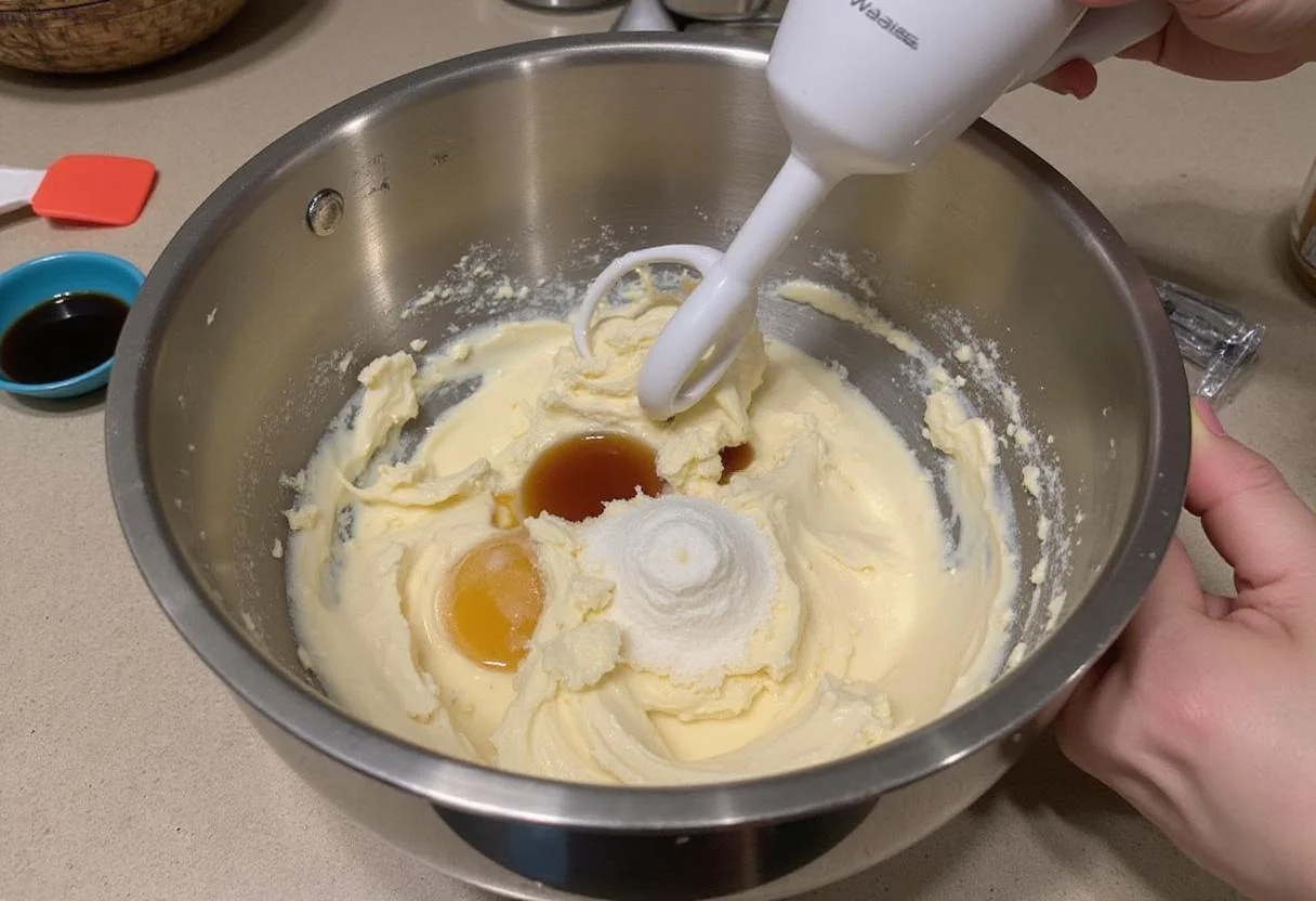 Making the elegant black and white cheesecake by blending cream cheese and sugar, ideal for a tuxedo cheesecake recipe.