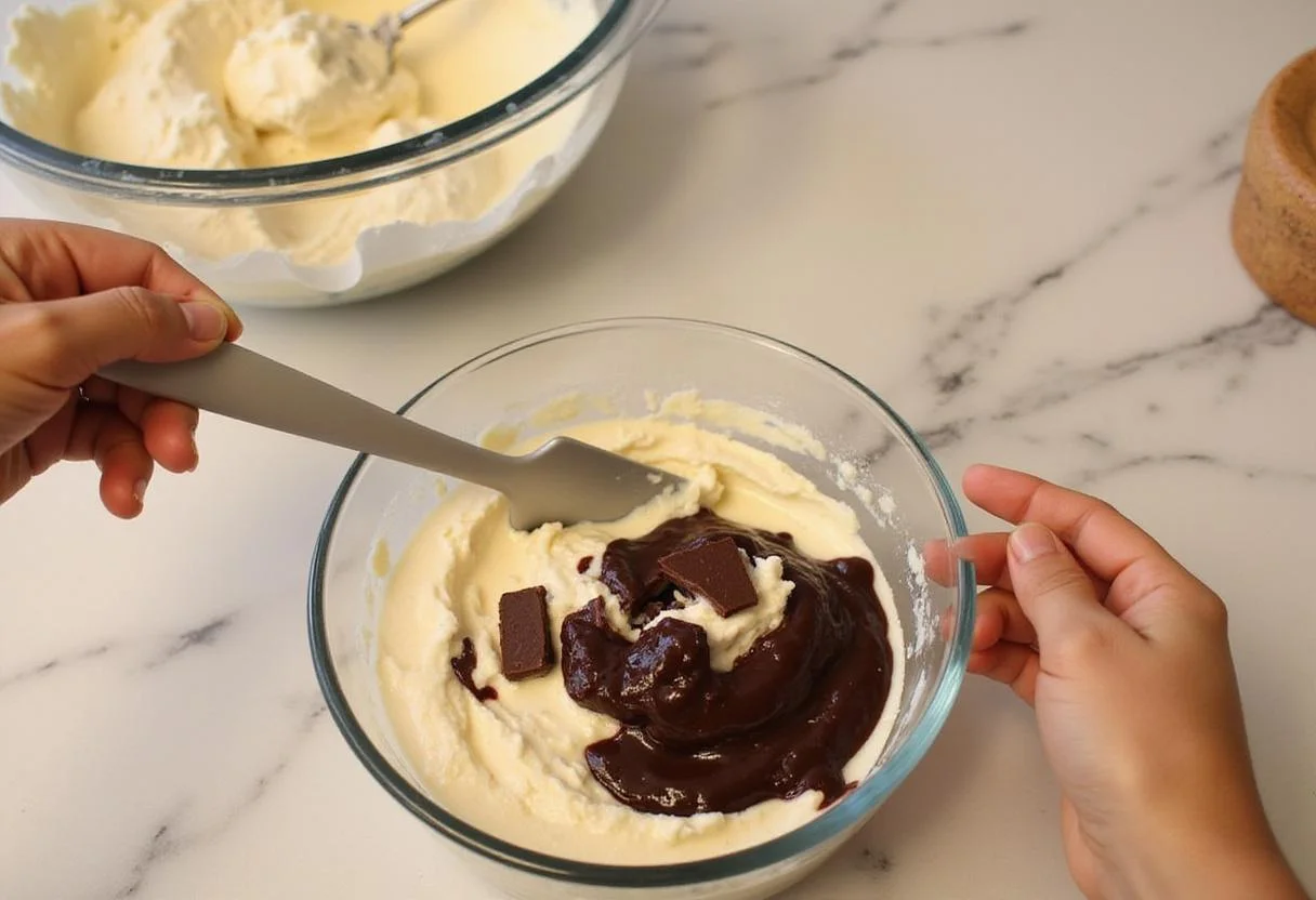 Combining melted dark chocolate into the cheesecake mix, crucial for creating the signature layers of the tuxedo cheesecake.