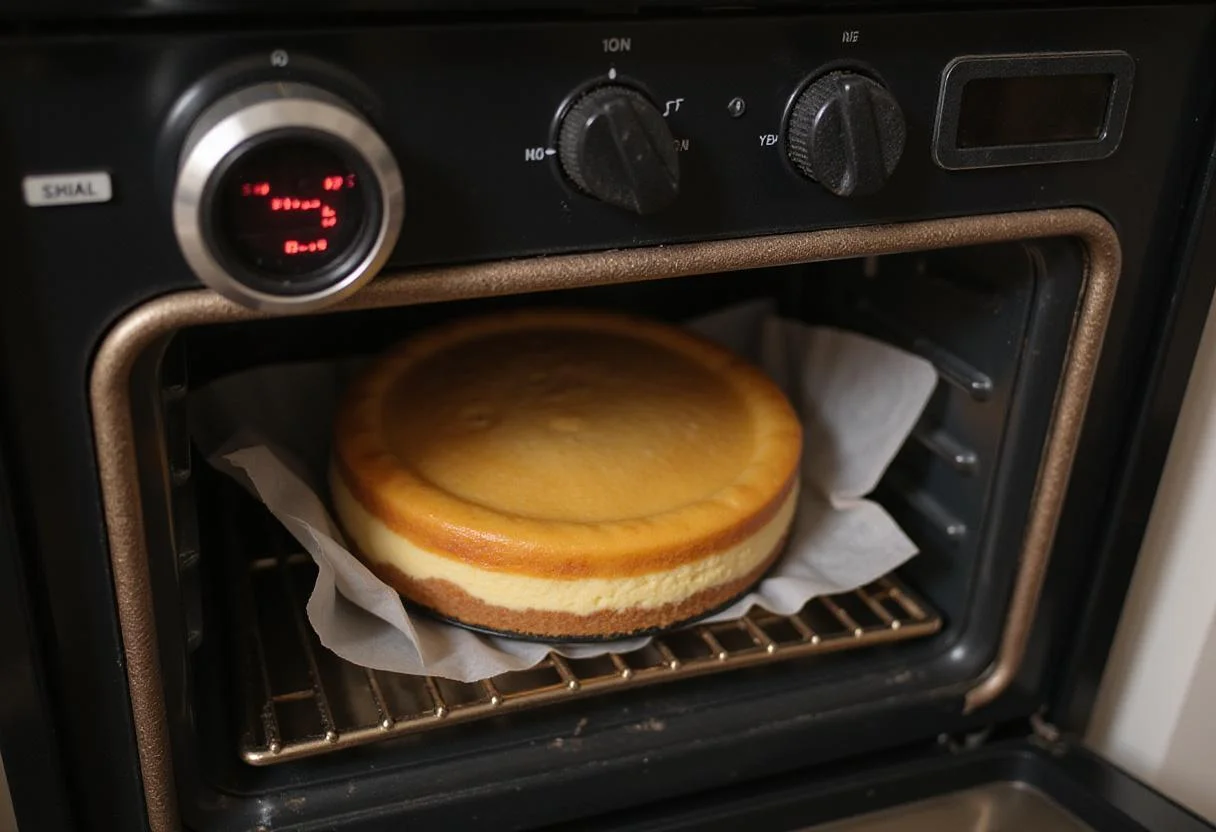 Baking the elegant black and white cheesecake in the oven, a key step in crafting the perfect tuxedo cheesecake.