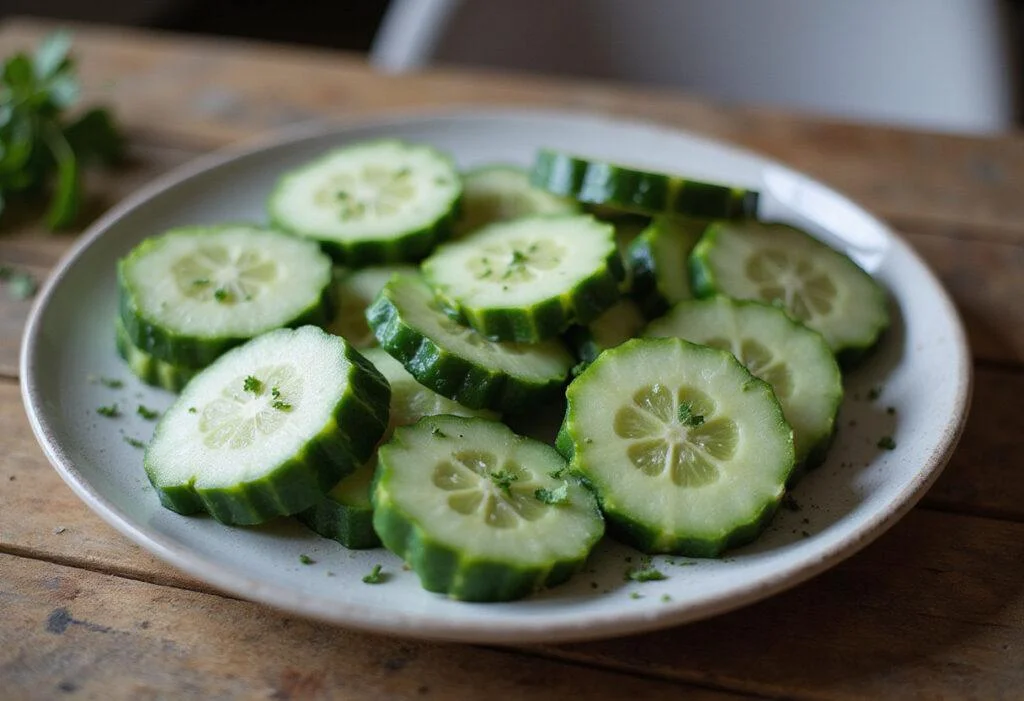Refreshing presentation of fresh sliced English cucumbers decorated with herbs on a rustic wooden table.