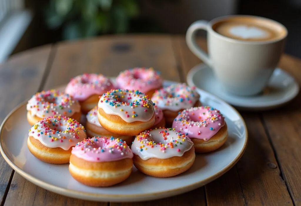 A stunning display of Euphoric Frosted Donut Indulgence, beautifully decorated donuts with sprinkles on a wooden table, perfect for a delightful treat.