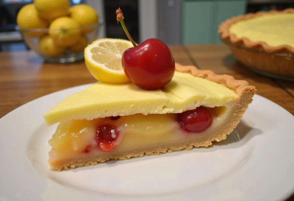 A delicious slice of Euphoric Lemon Cherry Pie showcasing its vibrant filling, perfect for dessert lovers looking for a burst of flavor.