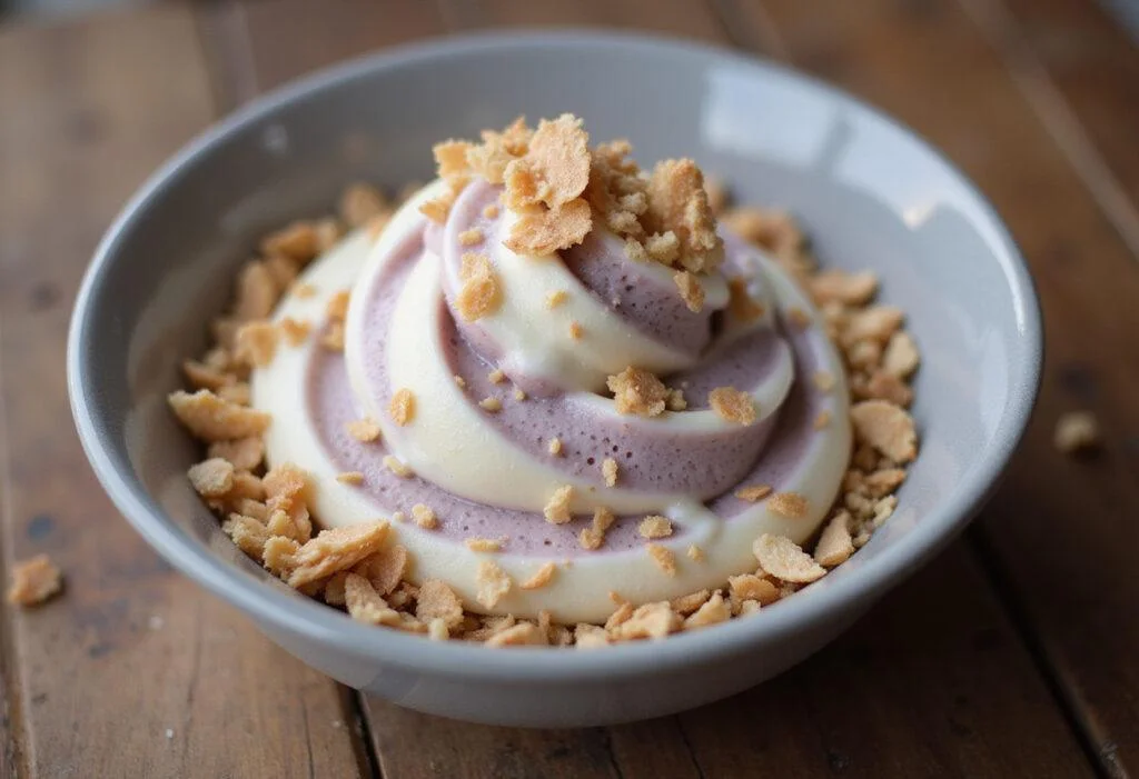 Beautifully presented exotic taro ice cream swirl in a bowl, enticingly decorated, representing a luxurious dessert experience.