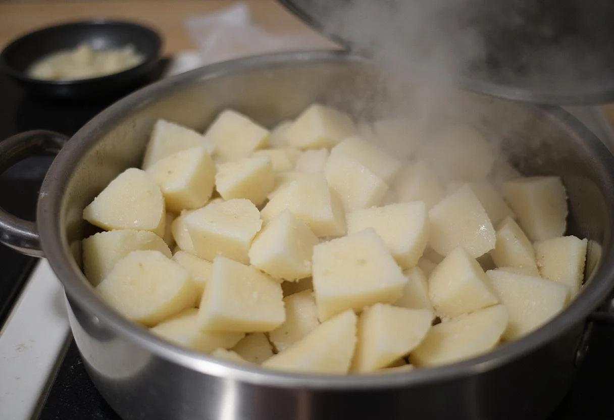 Peeled and diced taro root steaming in a pot, ideal for making taro ice cream, showcasing the initial step in delicious dessert preparation.
