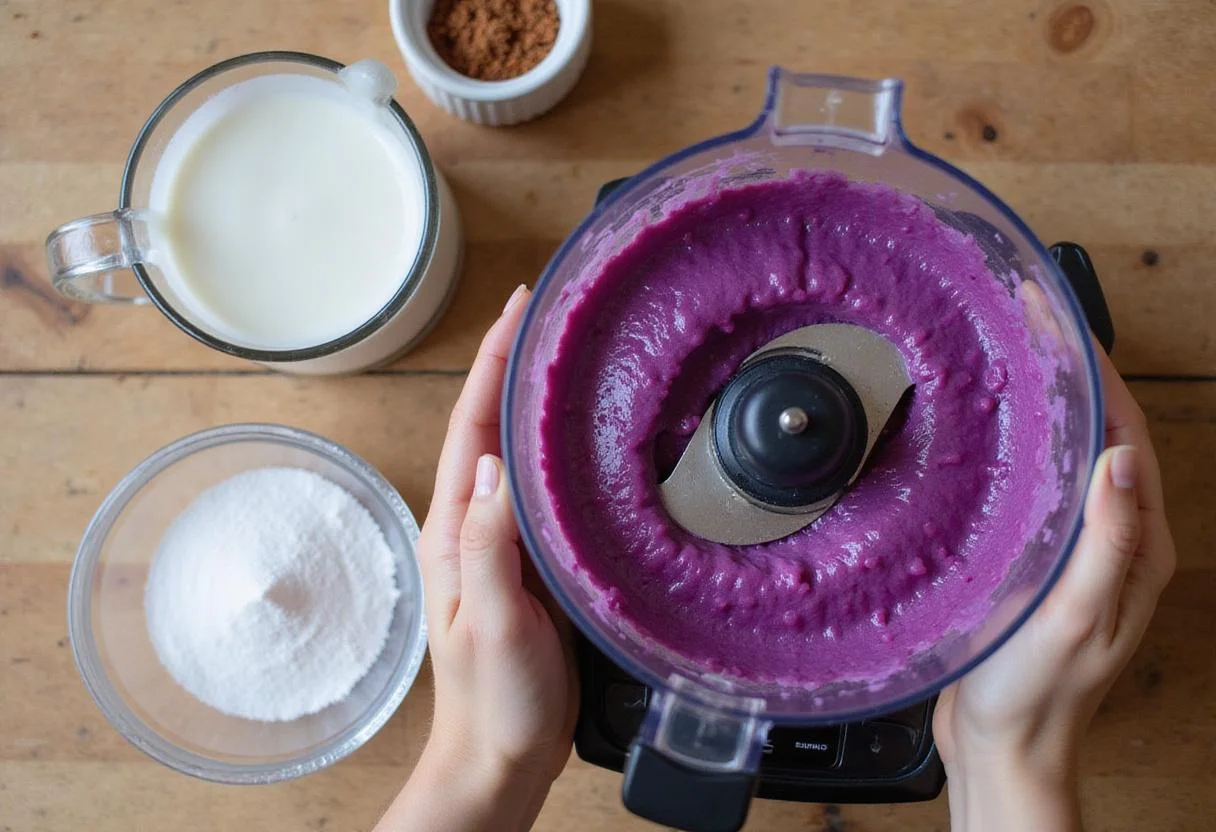 Blending taro puree for ice cream is a colorful process, capturing the essence of preparing exotic taro ice cream.