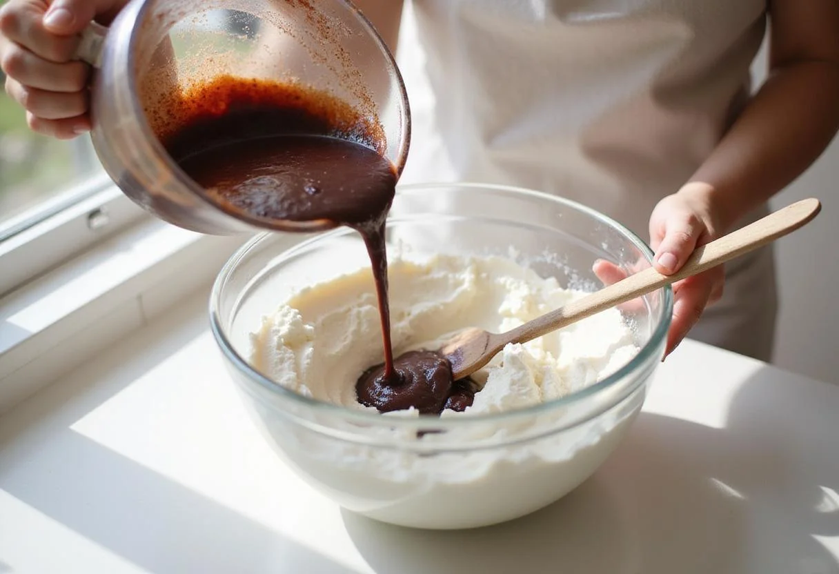Combining taro puree with whipped cream in a mixing bowl, showcasing a crucial step in crafting a rich taro ice cream swirl.