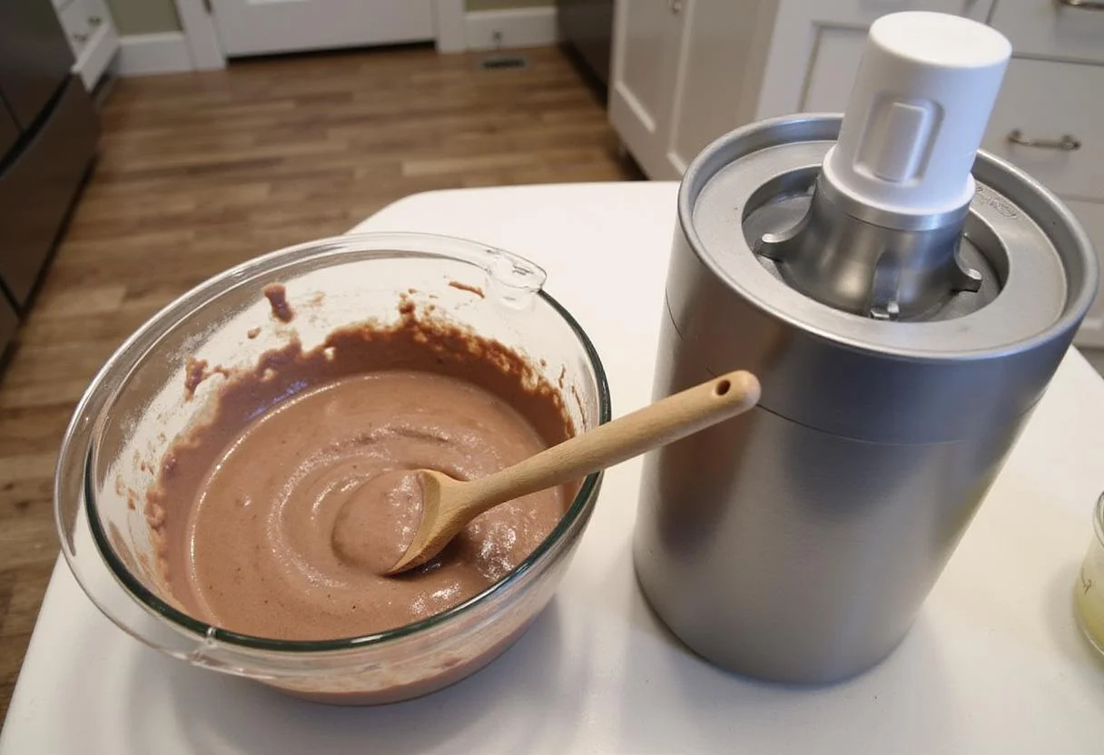 Taro ice cream mixture prepared and waiting in a bowl, emphasizing the final touches before churning into delicious ice cream.