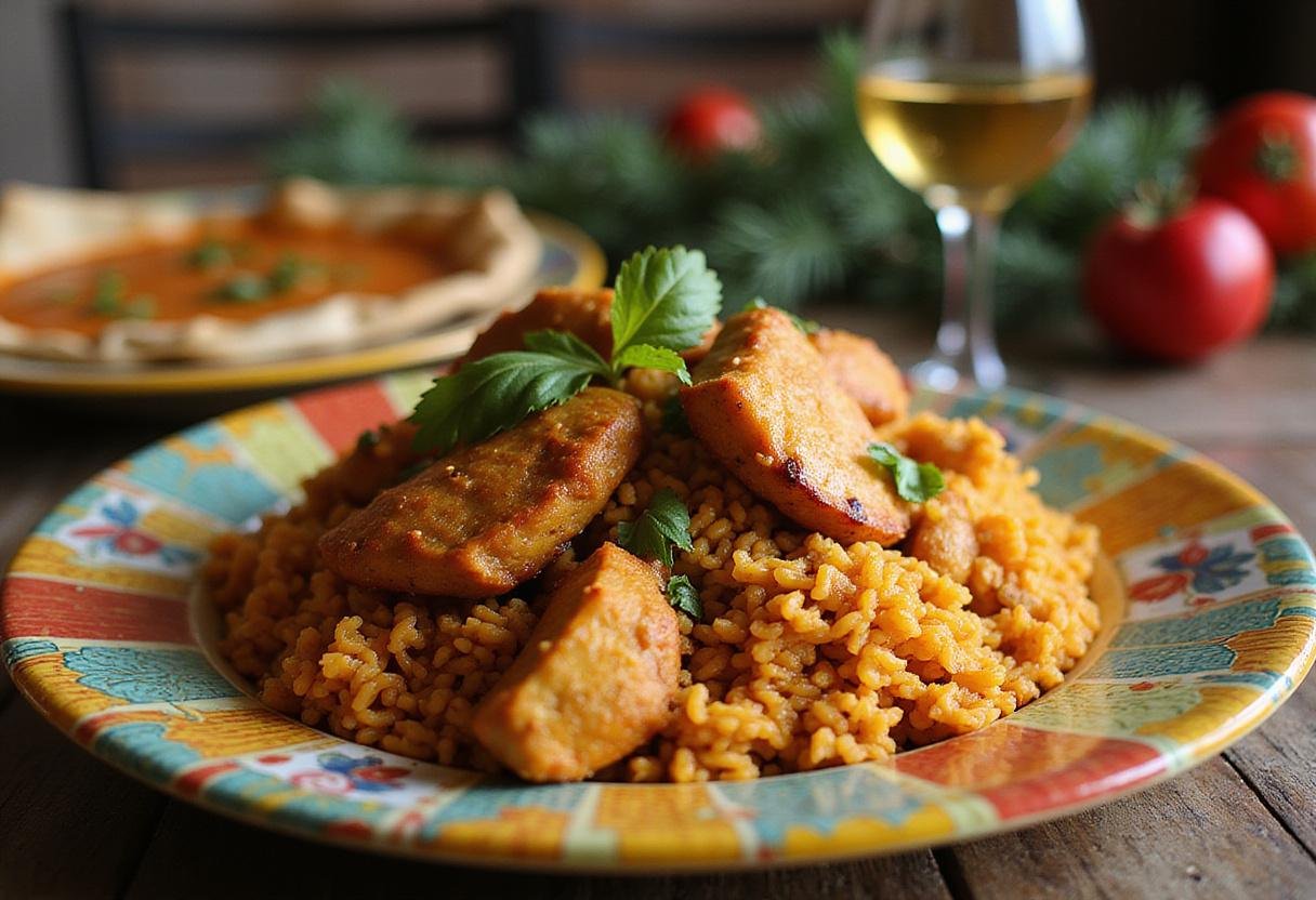 Delicious Jollof rice with chicken beautifully plated, showcasing vibrant colors and garnished with herbs for a mouthwatering presentation.